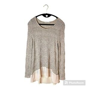 Lush Taupe & Nude Pink Knit Sweater Women's Attached Chiffon Hem Size‎ Large